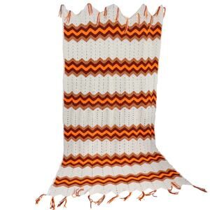 Vintage Crochet Chevron Blanket 90x36 Cream Orange Throw